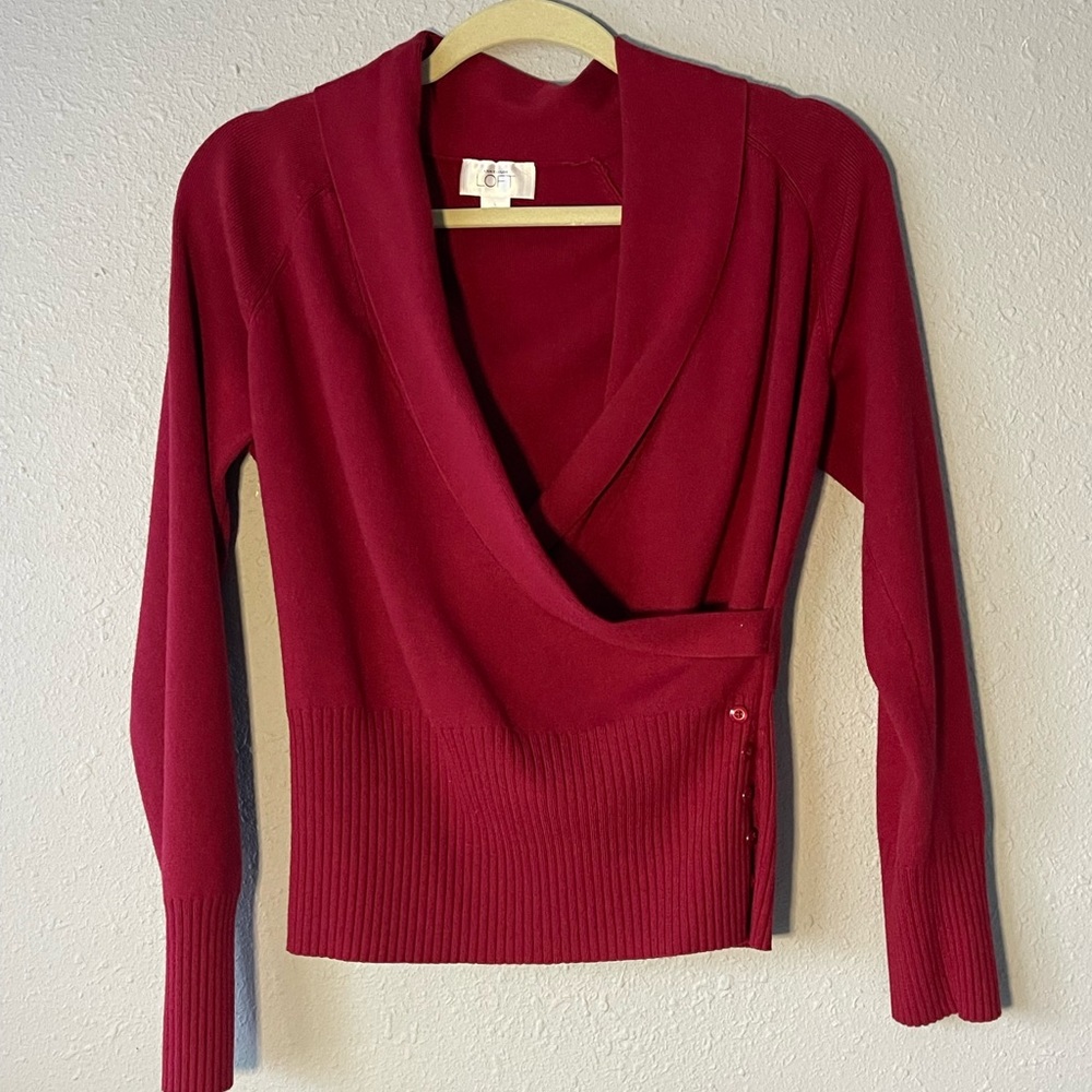 Ann Taylor LOFT Red Wrap Cross Front Sweater, Size Large With Button Details